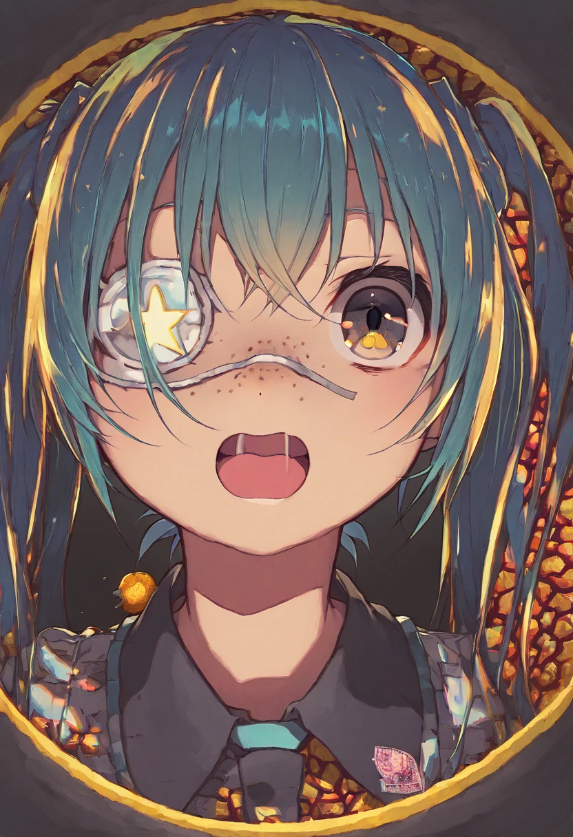  ,woman, side eye ,『  fertilisation promoting ingredients  』   Hatsune Miku   ， anime style，woman,from side,， Corn ,Peek， 飛んでいる目玉のcuteイラスト（2），  open your mouth , 右目 fisheye lens,Deco* 27 side , right eye peek face ，Open Mouse，cute， open her mouth ，  smirking ，Eyepatch on left eye， light freckles on nose  ，dark，dark cyan ， peeking through a doorscope ，hair，  white medical eyepatch for left eye  ，  dark black eyes  ，  eye color dark blue  ，  big eyes，  fisheye lens ,   low contrast ，Low saturation， In a circle ，  in the upper right and lower right  "Wow!" Character，  round cloud-like font  ，angle（1.9），She peek，， large three yellow glitter ，  black background，  } round fuchsia and orange geometric pattern， hair gradation  ，  dark blue green  ，