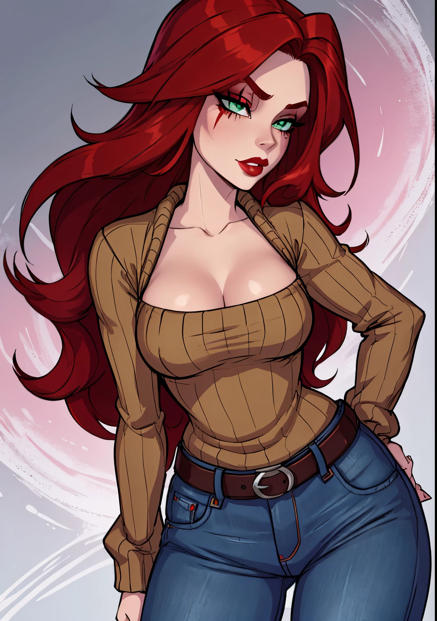 masterpiece, best quality, 1girl, solo, redhair, twintails, very long hair, yellow eyes, hair scrunchie, looking at viewer, lips, parted lips, cowboy shot, pantyhose, short shorts, turtleneck, ribbed sweater, (((cleavage))), (((cameltoe)))