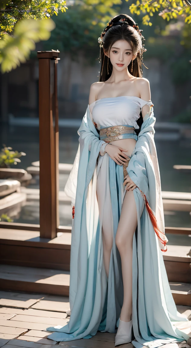 ((wide shot)), (full body), (bend over), photo of young lady, (bare shoulders), [(blue ru_qun:1.4):(hanfu:1.4):0.2],perfect natural breasts(big breasts under wearing),(kpop idol:0.2),pearl skin,real human skin, black choker, red hair ornament,white detailed clothes, (blue obi:1.4), (extremly berutiful detailed face), happy mood, detailed eyes, thick eyebrows, red eyeshadow,shiny eyes, looking at viewer,smile,(smooth chin:0.85), long hair, blunt bangs, braid, golden hair ornament,