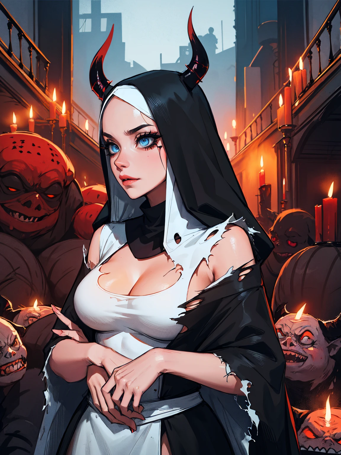 sexual nun (breasts, large breasts), slutty, ugly devil, multiple demons, gangbang, monster, horror, black hair, slender body, blue eyes, mascara, torn clothes