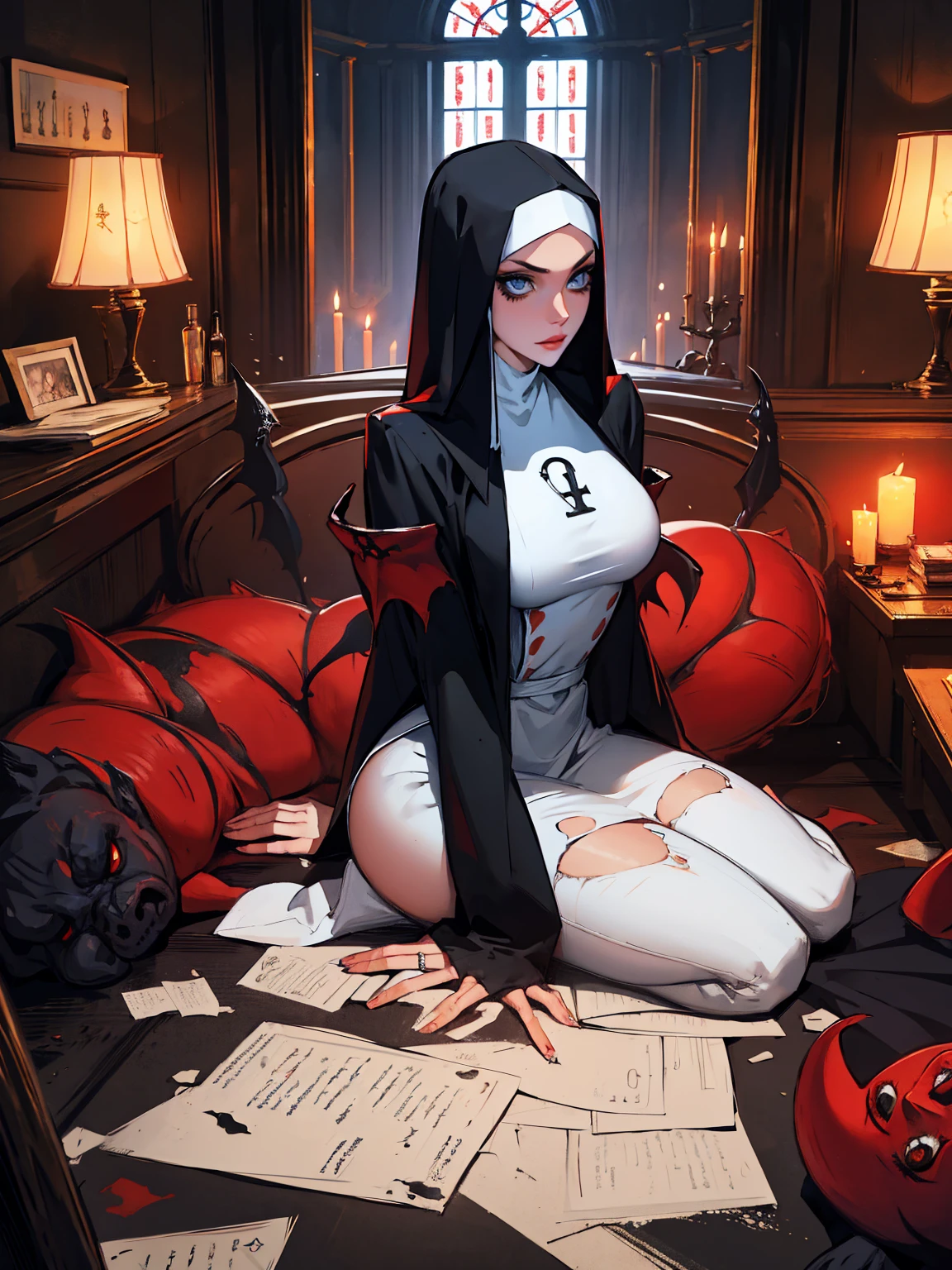 sexual nun (breasts, large breasts), slutty, ugly devil, multiple demons, gangbang, monster, horror, black hair, slender body, blue eyes, mascara, torn clothes