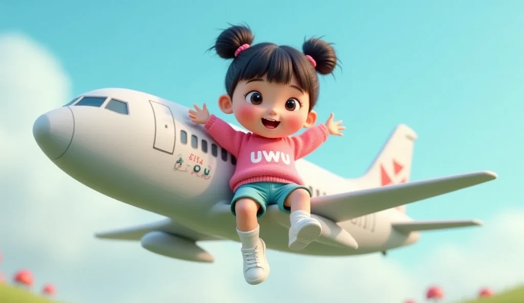 little cute ,double ponytail,Wear red and white clothes.,black hair,very happy, In the background of the grass there is an airplane.