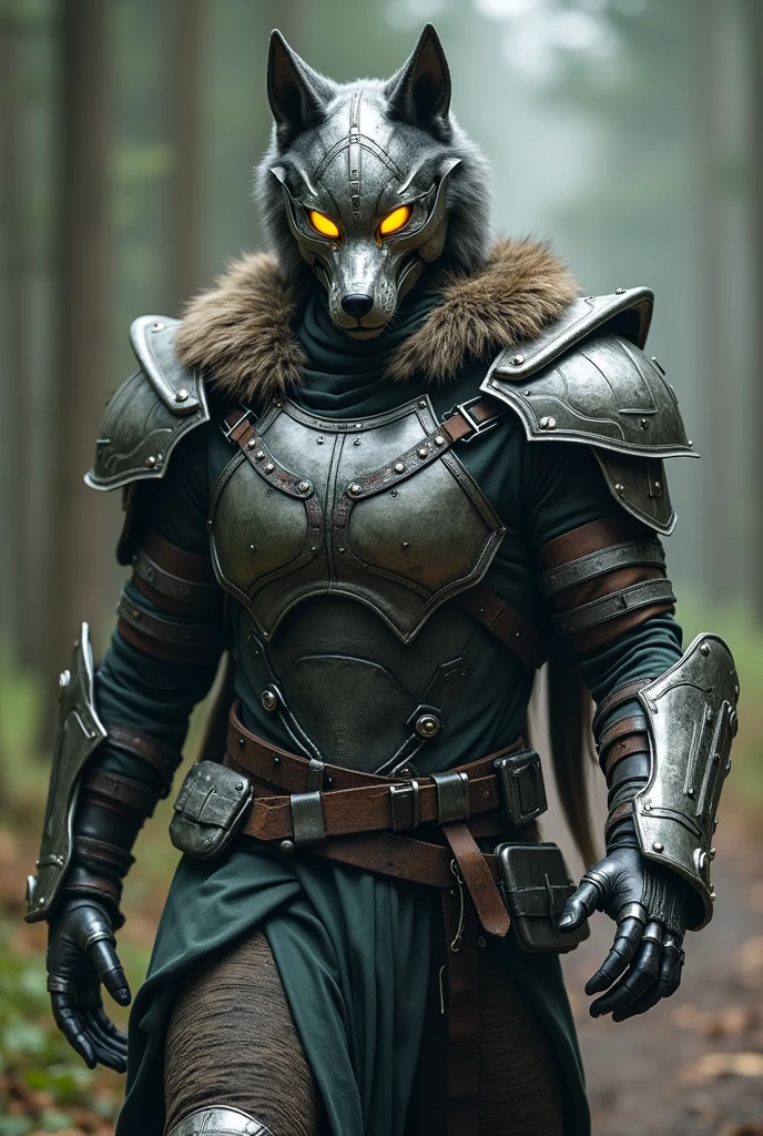 Image of the full-body character walking. Helmet based on the face of a wolf made of metal plates, and visors in the color neon yellow . Lycos armor is a combination of dark leather , metal and fur , reflecting its transformation into a wolf . The upper part of its armor has metallic details with wolf skin textures, especially on the shoulders and . The design is robust and aerodynamic , with metallic plates Angular that mimic the claws of a wolf . Its mask is sculpted with a wolf's face shape , with its eyes shining in a silver tone . The armor has predominant shades of dark gray and silver , with elements of a moss green at the ends , recalling the wild nature of the wolf .