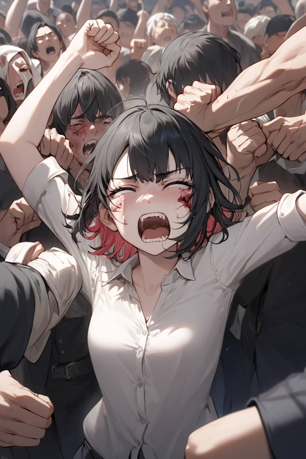  Ellen Joe gets lynched by countless men。 Countless men punch her with their fists。She's full of wounds 。Her clothes are torn 。Men flock to her 。She grimaces in pain。Hurts Her 。She has black hair。Accurate Face。Accurate Arm。 anatomically correct,  top quality, crowd