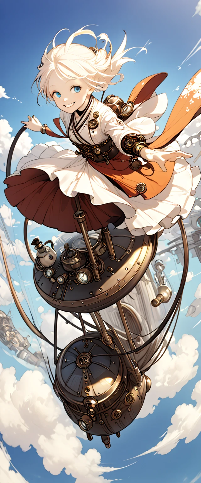 a girl, teenager, albino, delightful, smiling, looking at viewer, stand on a flying kettle, full body shot, dynamic angle, kimono, Steampunk, sky world, cloud