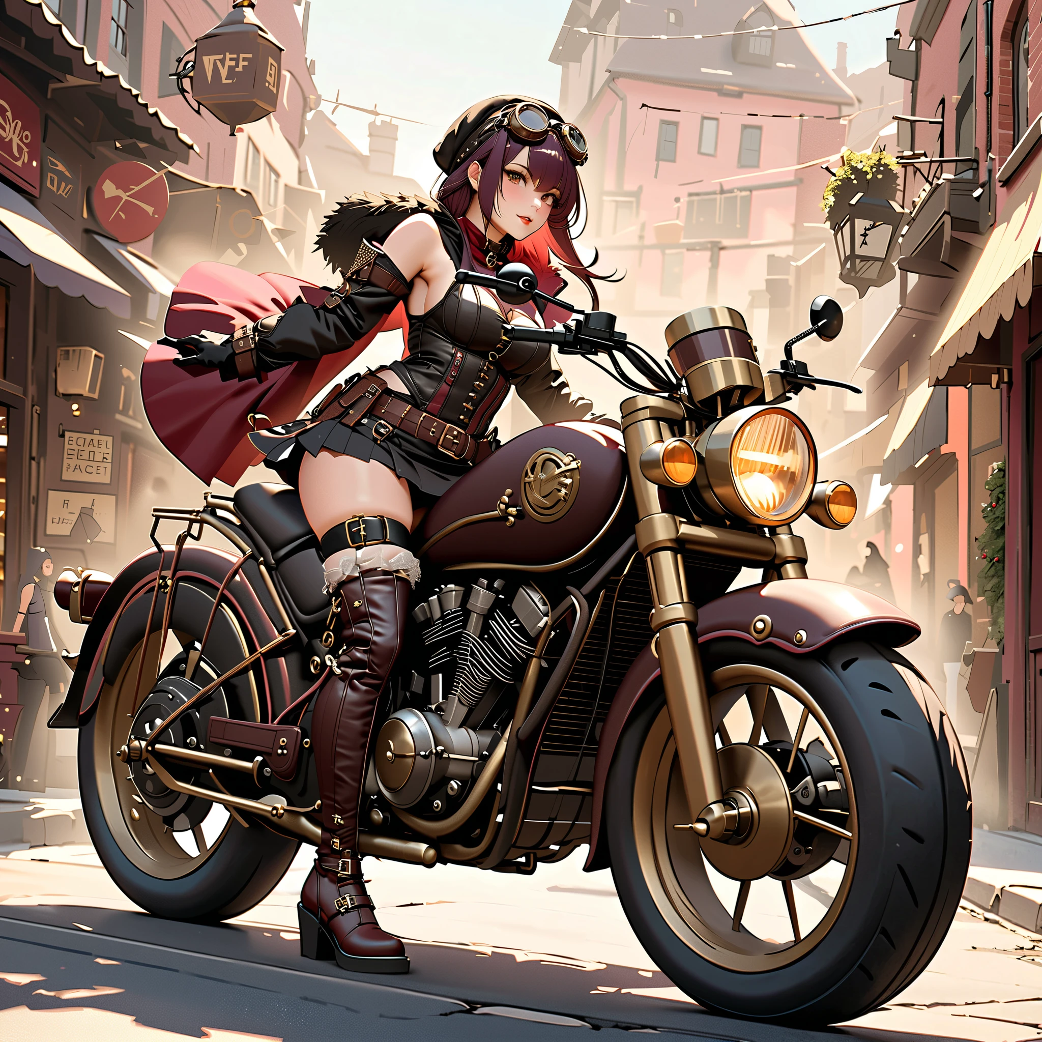  good-looking adult woman in a mini skirt Santa riding a motorcycle、 steampunk,Goth girl 1girl,｛{{ steampunk}}}、{{Gothic Costume}}、 dynamic composition、Leather knee-high boots、goggles、 steampunk-style motorcycle、((masterpiece)),(Best quality),  anime style illustration 、  steampunk-style mini-skirted Santa costume, winter streetscape in a steampunk world、Speed、modified bike 、 steampunkバイク