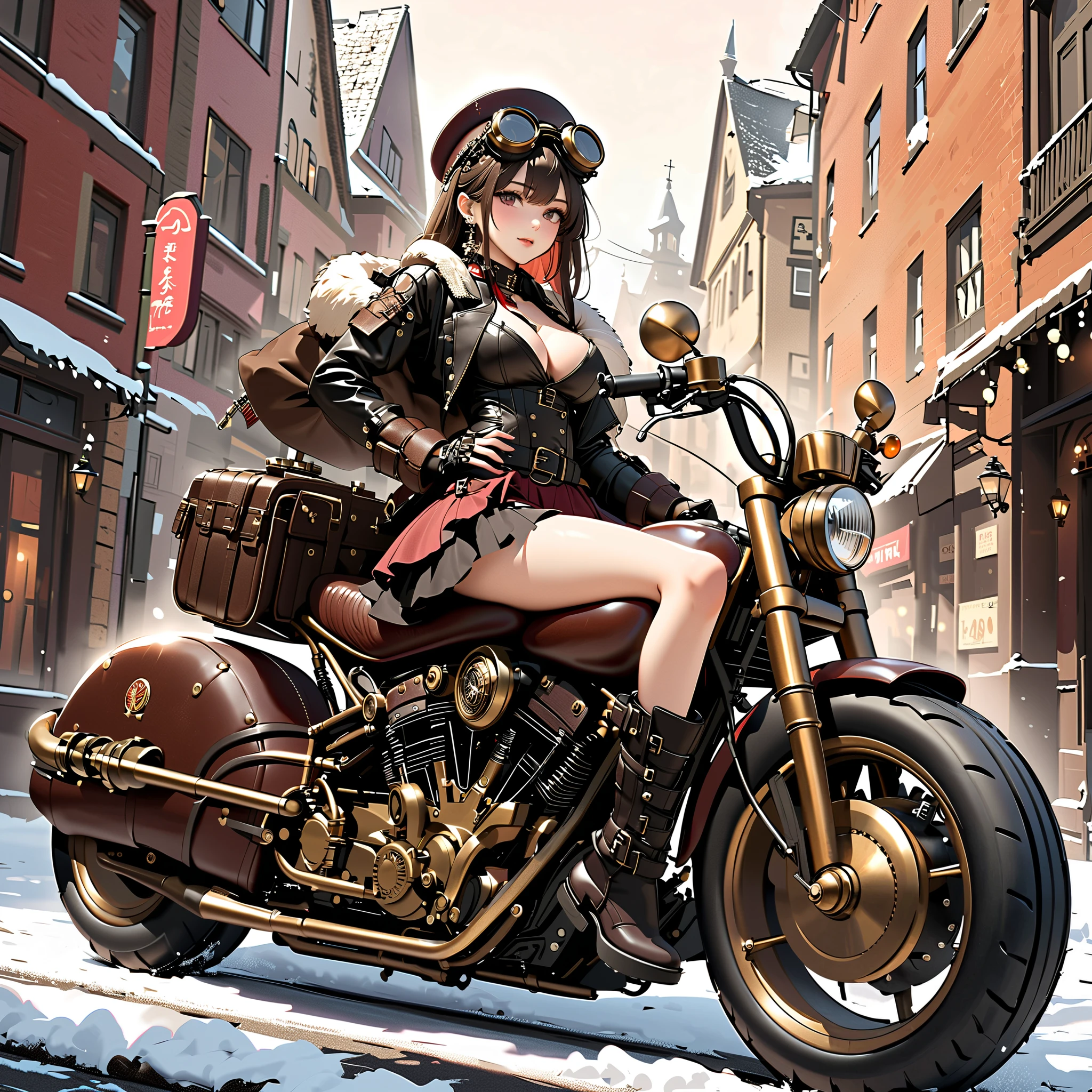  good-looking adult woman in a mini skirt Santa riding a motorcycle、 steampunk,Goth girl 1girl,｛{{ steampunk}}}、{{Gothic Costume}}、 dynamic composition、Leather knee-high boots、goggles、 steampunk-style motorcycle、((masterpiece)),(Best quality),  anime style illustration 、  steampunk-style mini-skirted Santa costume, winter streetscape in a steampunk world、Speed、modified bike 、 steampunkバイク