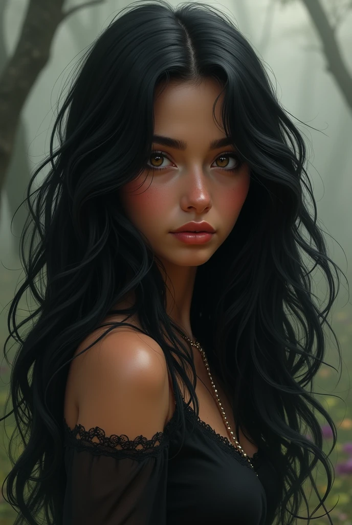 Dark aesthetic drawn anime style woman with long and abundant curly hair, light brown skin tone and brown eyes