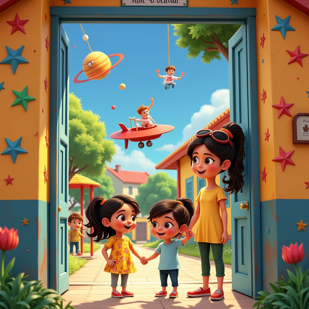 ""A vibrant school entrance with colorful murals and a lively playground filled with slides and swings. Thalita, a -yead witair skin and black wavy hair, stands eagerly in front of the school, wearing a yellow floral dress and red shoes, smiling widely. Andriely, with brown skin and black curly hair tied in a ponytail, holds her mother's hand, dressed in a light blue shirt and jeans, looking around with curiosity. Their plus-size mother, with light skin and long wavy brown hair, wears a casual green dress, smiling warmly as she waves to a teacher. The scene includes ren running and playing in the background. Style: 3D animated character in a Pixar-like exaggerated caricature style."masterpiece:1.2,  outer space ,  Three-dimensional illustration made using cardboard or cloth :1.4, A round planet made of cardboard , Kiriki Boy Standing on a Planet ,  and I wear goggles on my head,I'm dressed like a pilot , Blonde, Simple eyes, ( near a star-shaped spaceship , Spherical shield , cockpit),  Stars and celestial bodies made of origami are hung from above with yarn, prince on a star