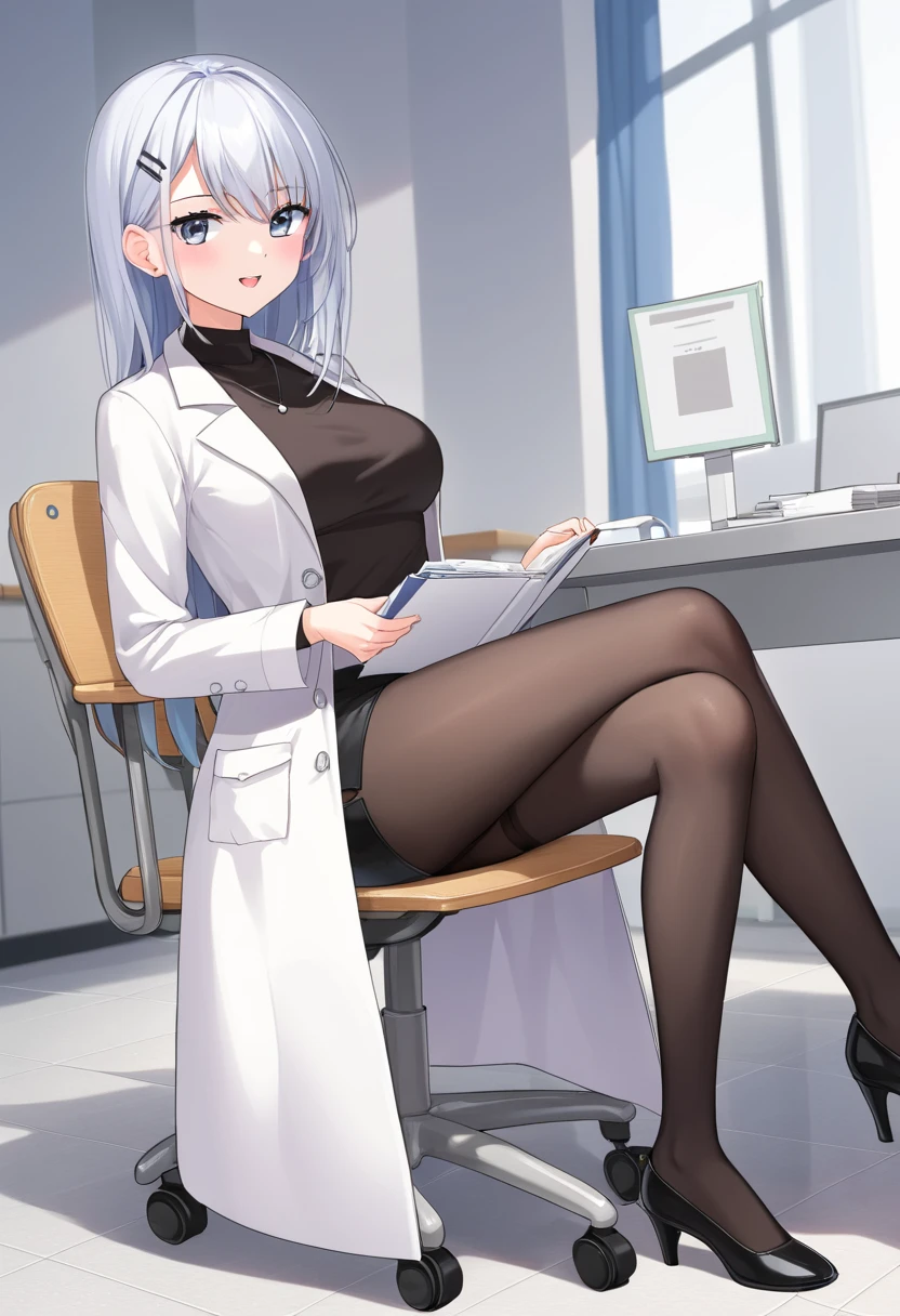 White hair,Long hair, Draped hair, no ponytail girls, White lab coat, Coat, A cup, head-up to the camera, Facing the camera, In a dark room，The girl sat in a black office chair, with her hands folded on her chest, revealing her legs in black silk, With a smiling emoji, and her left foot on her right foot，There is a bunch of flashing displays behind the girl，The display is on a black desk，