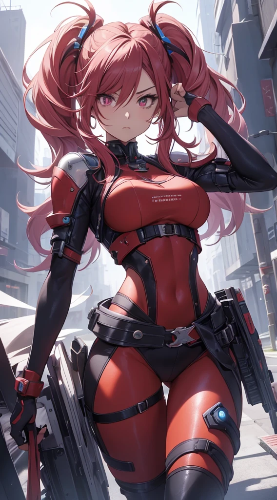 on the moon, red is the main color, Holding_arma, No_The human, lowers_Eyes, 机器人, background of the Milky Way galaxy,neons,Cyberpunk, 
Best Quality, masutepiece, absurderes, monochromes, Game CG,