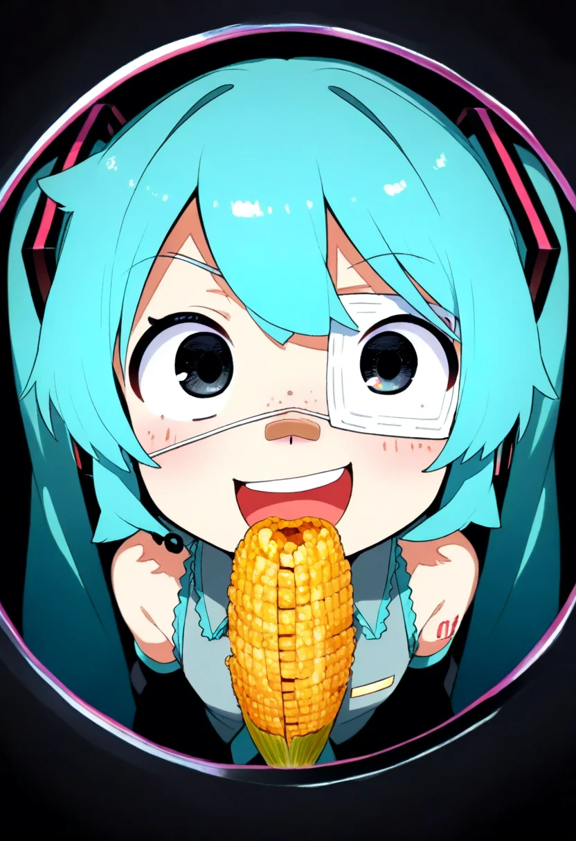  ,woman, side eye ,『  fertilisation promoting ingredients  』   Hatsune Miku   ，faceのみ，Two-dimensional anime style，woman,from side,， Corn ,Peek， 飛んでいる目玉のcuteイラスト（2），  open your mouth , 右目 fisheye lens,Deco* 27 side ,右目でPeekface，Open Mouse，cute，face， open her mouth ，  smirking ，Eyepatch on left eye， light freckles on nose  ，dark，dark cyan ， peeking through a doorscope ，hair，  white medical eyepatch for left eye  ，  dark black eyes  ，  eye color dark blue  ，  big eyes，  fisheye lens ,   low contrast ，Low saturation， In a circle ，  in the upper right and lower right  "Wow!" Character，  round cloud-like font  ，angle（1.9），She peek，， large three yellow glitter ，  black background，  } round fuchsia and orange geometric pattern， hair gradation  ，  dark blue green  ，