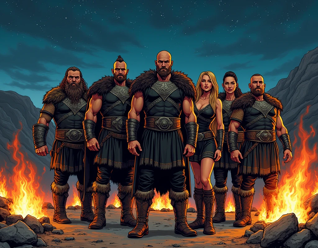 Comics style image ,  celebrating a lot of Viking warriors , strong, everyone wearing black clothing .  Also a lot of Viking women around them. Everyone speaking happily, bottom:  at night,  around a lot of camps  