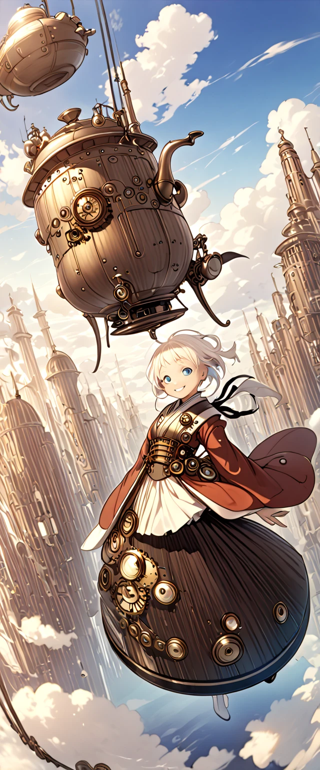 a girl, teenager, albino, delightful, smiling, looking at viewer, stand on a flying kettle, full body shot, dynamic angle, kimono, Steampunk, sky world, cloud