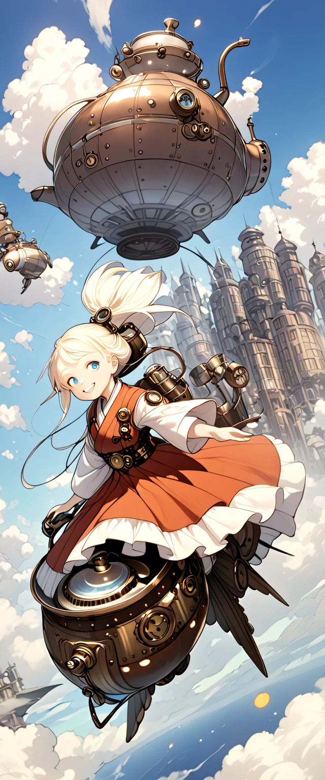 a girl, teenager, albino, delightful, smiling, looking at viewer, stand on a flying kettle, full body shot, dynamic angle, kimono, Steampunk, sky world, cloud