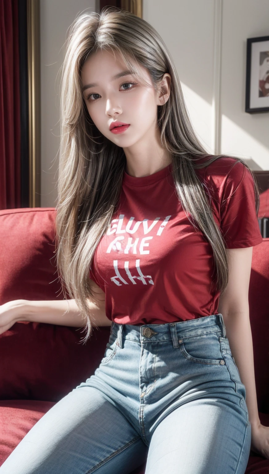 2 Malay girl friends have very long white shiny hair, wear pastel red oversize the simson cartoon T-shirt with shorts, big tshirt, lying on couch watching tv in living room with friends, laughing, very long white hair, wear gold necklace, front view, very long wavy white hair, messy hair, hair blown, windy, detail skin, age spot, detail skin texture, mole below eyes, small breast, flat chest, wide hips, small waists, thick thighs, slim abs, beautiful body, morning, laughing, happy, bright lighting, crowded people in background, city street background, blur background, bokeh, location: living room,