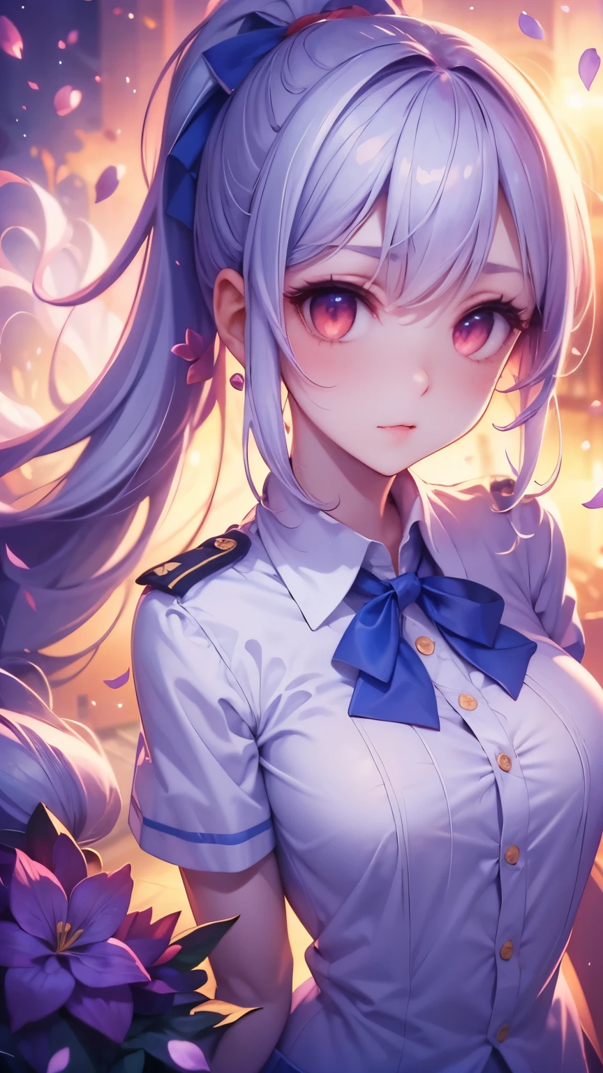  top quality, masterpiece,, Illustration,  wallpaper, 1 girl in uniform, Alone,  school uniform,  white shirt, Light Hair,  semi-long hair,  beautiful detailed girl ,  highly detailed eyes and face ,  beautiful detailed eyes in atata, shy, nature_illumination, Shine,nsfw, clean null,  watches viewers,  outdoor, night null, star (null), blue bowtie,   straight hair, Purple petals, Purple and blue flowers,  red eyes,  ponytail, Blue Ribbon,Gray Hair, Big Breasts, red eyes,