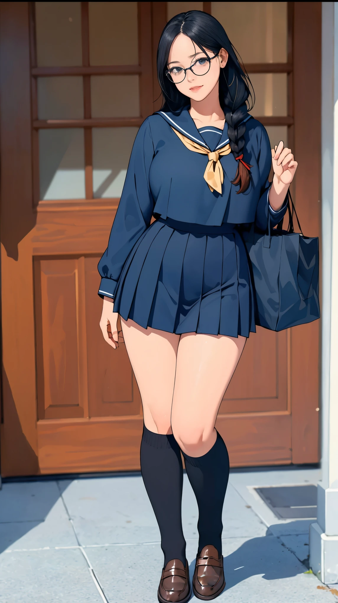 (masterpiece,  High Quality ,  high definition ,  Golden Ratio ,  movie lighting, 8k, full body),  Perfectly Anatomically Correct Body, perfect hand,  beautiful face details , 輝く瞳, long black hair , Forehead,  pubic skin,  1 fair-skinned high school girl , Navy blue sailor suit,  Dark Blue Pleated Skirt , Carrying a leather school bag,  stands shyly, Big breasts, Thin thighs, Healthy sex appeal,  teenage beauty and brilliance , having non stop very strong max orgasm face, ( eyes are realistic size , Downcast eyes), final,  braided ,  buttoned shirt , In front of the main entrance, (Cat wearing black glasses ),  Dark Brown Loafers , (Black knee socks(Thigh Cut )), 