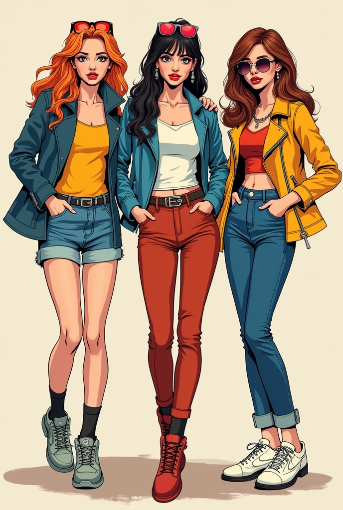 Jennifer Connelly style Cartoon style digital illustration white background medium breasts white tank top with red plaid jacket and corsets denim pants and brown boots Cartoon style digital illustration 