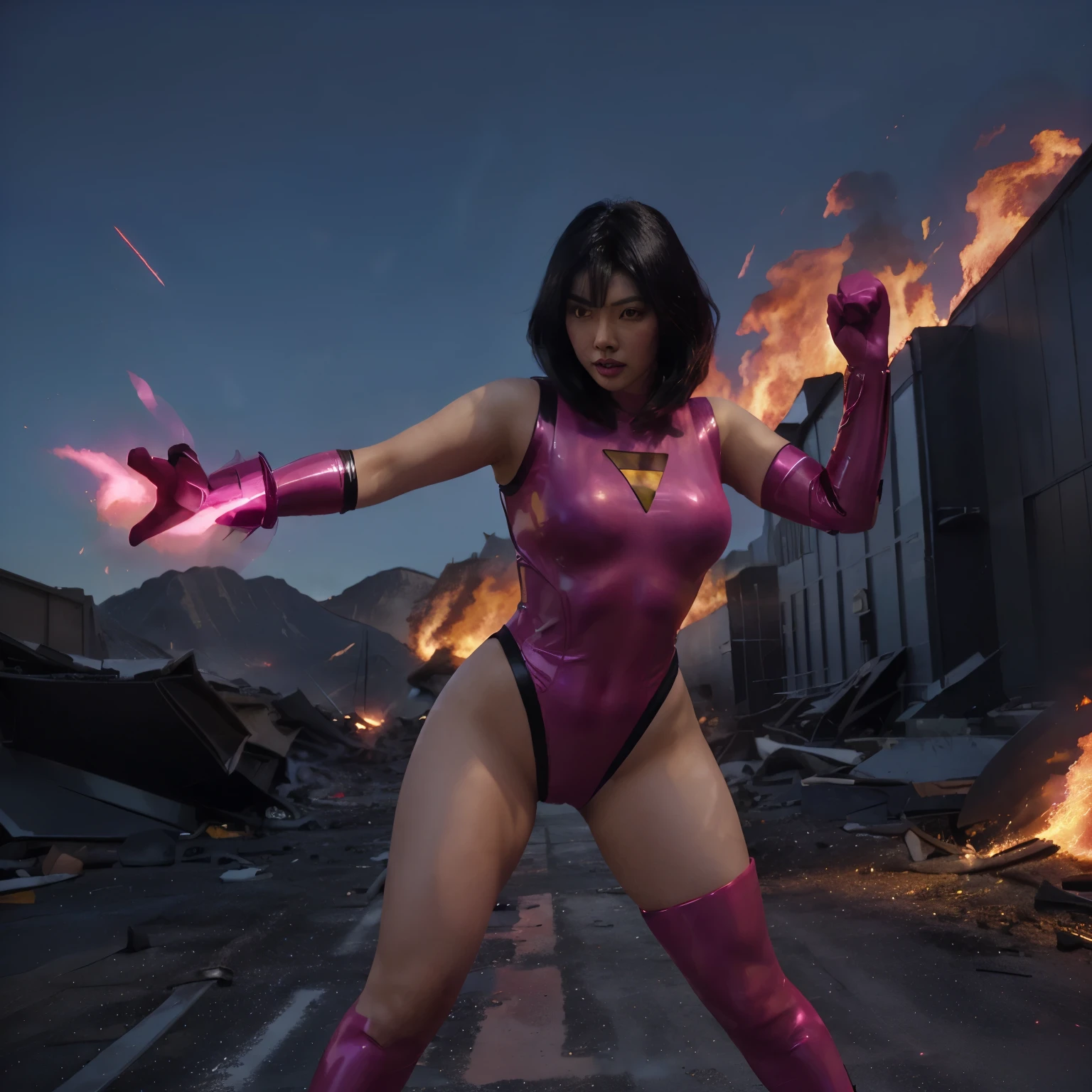 An asian female superhero with medium length black hair wearing a fuchsia latex costume in a fiery distopic apocalyptic landscape. Action pose. ultra realistic. cinematic scene