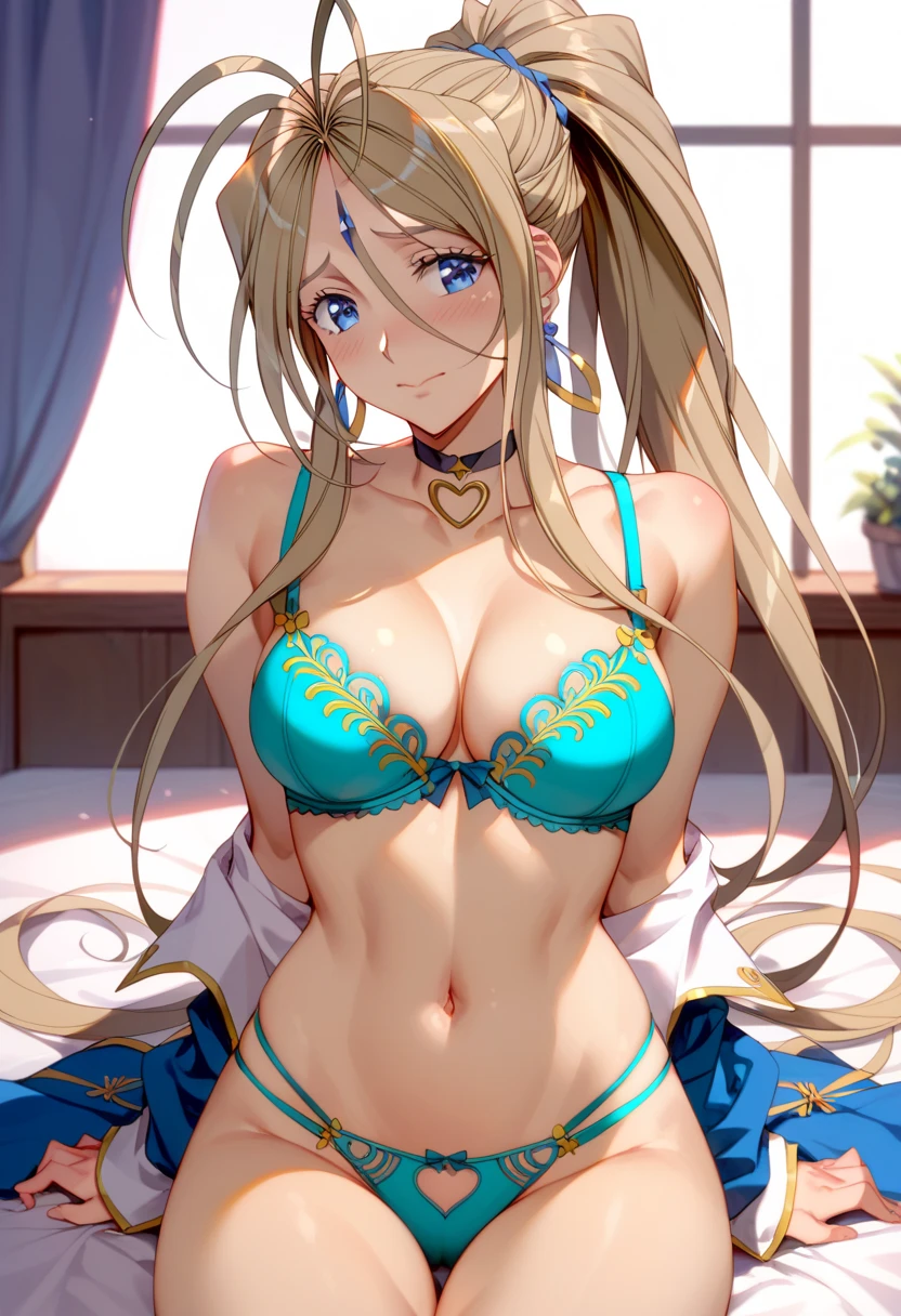 (Belldandy:1.2)、 1 woman、solo、Light brown hair、Shiny Hair、 high ponytail with ribbon、 blue eyes、Glamorous eyes、 textured skin、 sexy lingerie、 turquoise bra and panties、(Shiny fabric、Satin:1.35)、(Gorgeous golden embroidery:1.2)、 high definition 、 Max Image、 top quality、 detailed details 、 crystal earrings、 heart choker、 jump、Embarrassed、( blur the background :1.2)、