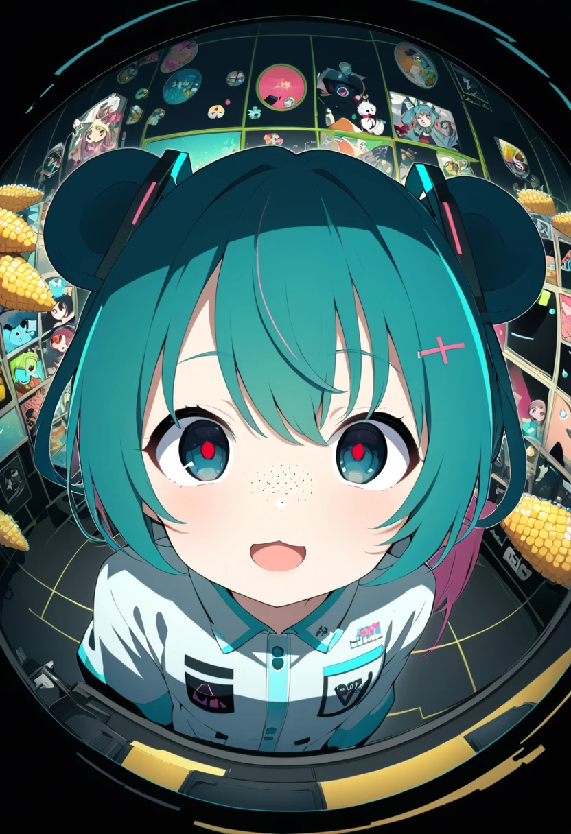  ,woman, Sideways glance ,『  monitoring   』   Hatsune Miku    ，  Anime Style，woman,from side,， Corn ,Peek， 飛んでいる目玉のcuteイラスト（2），   open your mouth , 右目  fisheye lens,Deco* 27 sides  ,  right eye peeping face  ， opening mouse ，cute， open her mouth ，   smirking  ，Eyepatch on left eye，  light freckles on nose   ，dark，dark cyan ，  looking through doorscope  ，hair，   white medical eyepatch for left eye   ，  dark black eyes  ，  eye color dark blue  ，   big eyes，   fisheye lens ,    low contrast  ，low saturation， In a circle ，   in the upper right and lower right   "Wow!"   character ，   round cloud-like font   ，angle（1.9）， she looks in ，，  3 large yellow glitter  ，   black background，  }  round fuchsia and orange geometric pattern， hair gradation  ，  dark blue green  ，