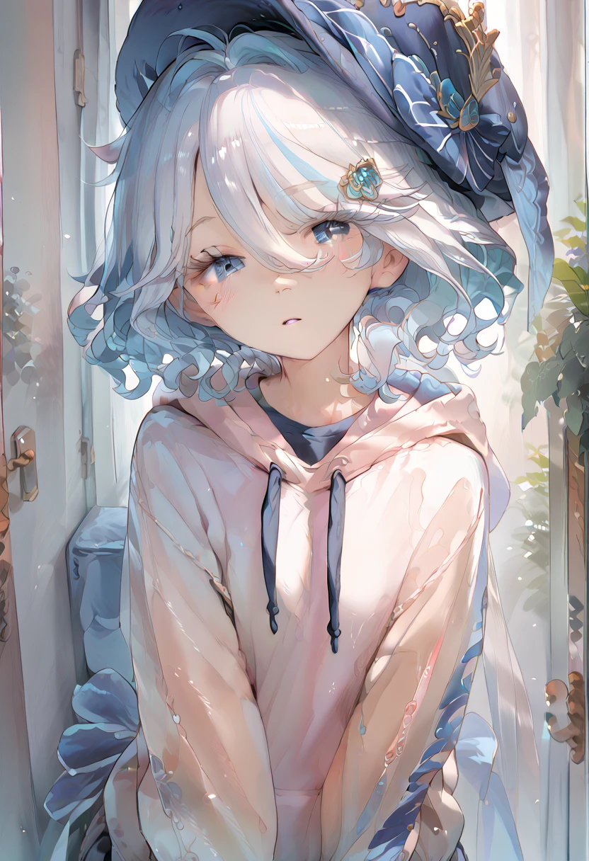 (best quality) (masterpiece) (ultra_detailed)  indoor, pov,            Furina, slim, fit, anime look, anime style, wearing bluish hoodie, indoor,                     blue white hair, hat