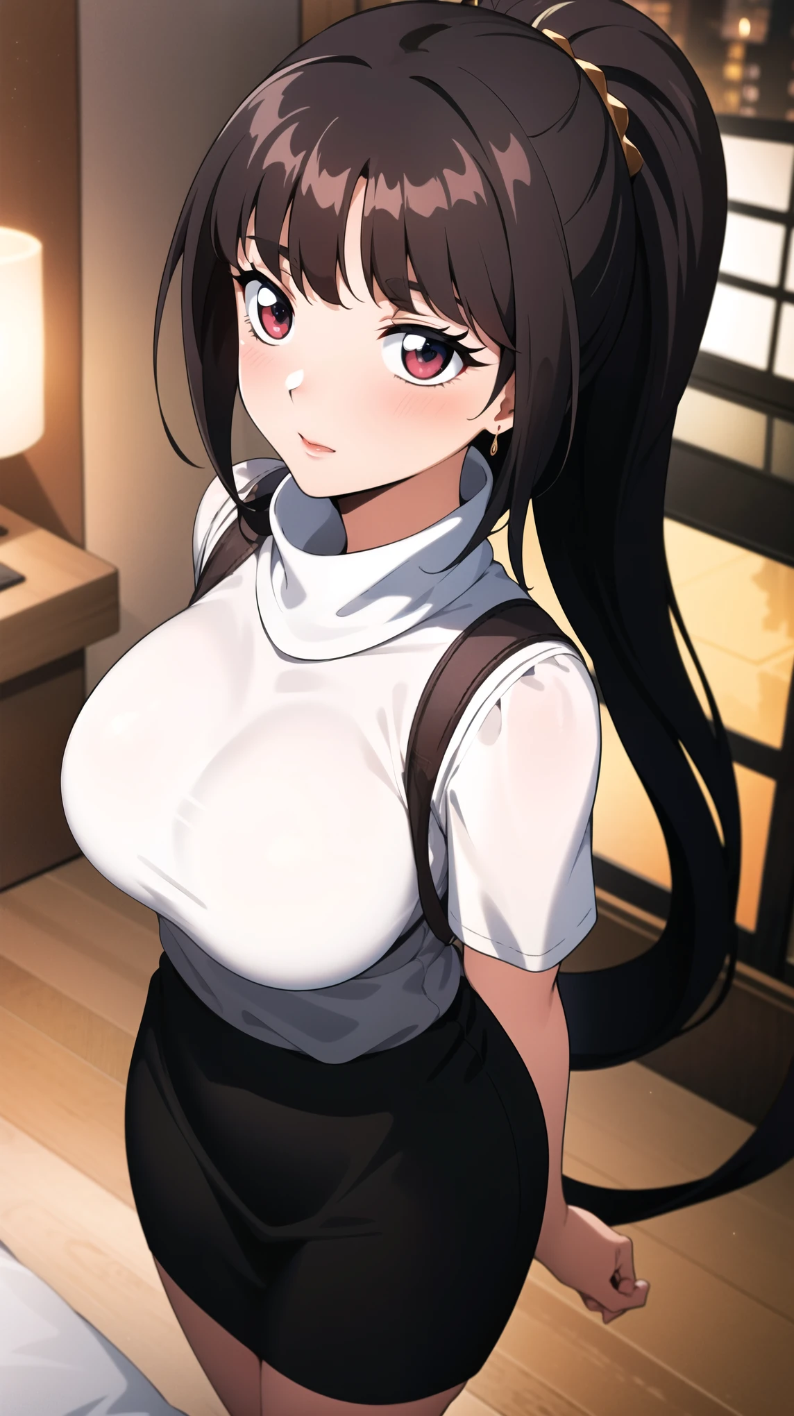 lady in love, unsure, diffident, timid, shy, coy, full body, portrait, full moon background, luxury restaurant, white mono turtleneck sweater vest, long black tight skirt, hair clip, hair ornament, red eyes:1.5, red pupils:2.0, red lips:1.2, straight cut bangs, brunette hair, black hair, long hair, ponytail, bottom ponytail, 1 girl, 18yo, young female, cute girl, blush:1.5, slim body, curvy body, beautiful finger, Beautiful long legs, Beautiful body, Beautiful Nose, Beautiful character design, perfect eyes, perfect face, expressive eyes, perfect balance, looking at viewer,(Focus on her face),closed mouth, (innocent big eyes:1.0),(Light Smile:0.3),official art, extremely detailed CG unity 8k wallpaper, perfect lighting, Colorful, Bright Front face Lighting, White skin,(masterpiece:1.0),(best quality:1.0), ultra high res,4K,ultra-detailed,photography, 8K, HDR, high-res, absurdres:1.2, Kodak portra 400, film grain, blurry background, bokeh:1.2, lens flare, (vibrant color:1.2),professional photograph,(Beautiful, natural breasts:1.0), (beautiful face:1.5),(narrow waist),