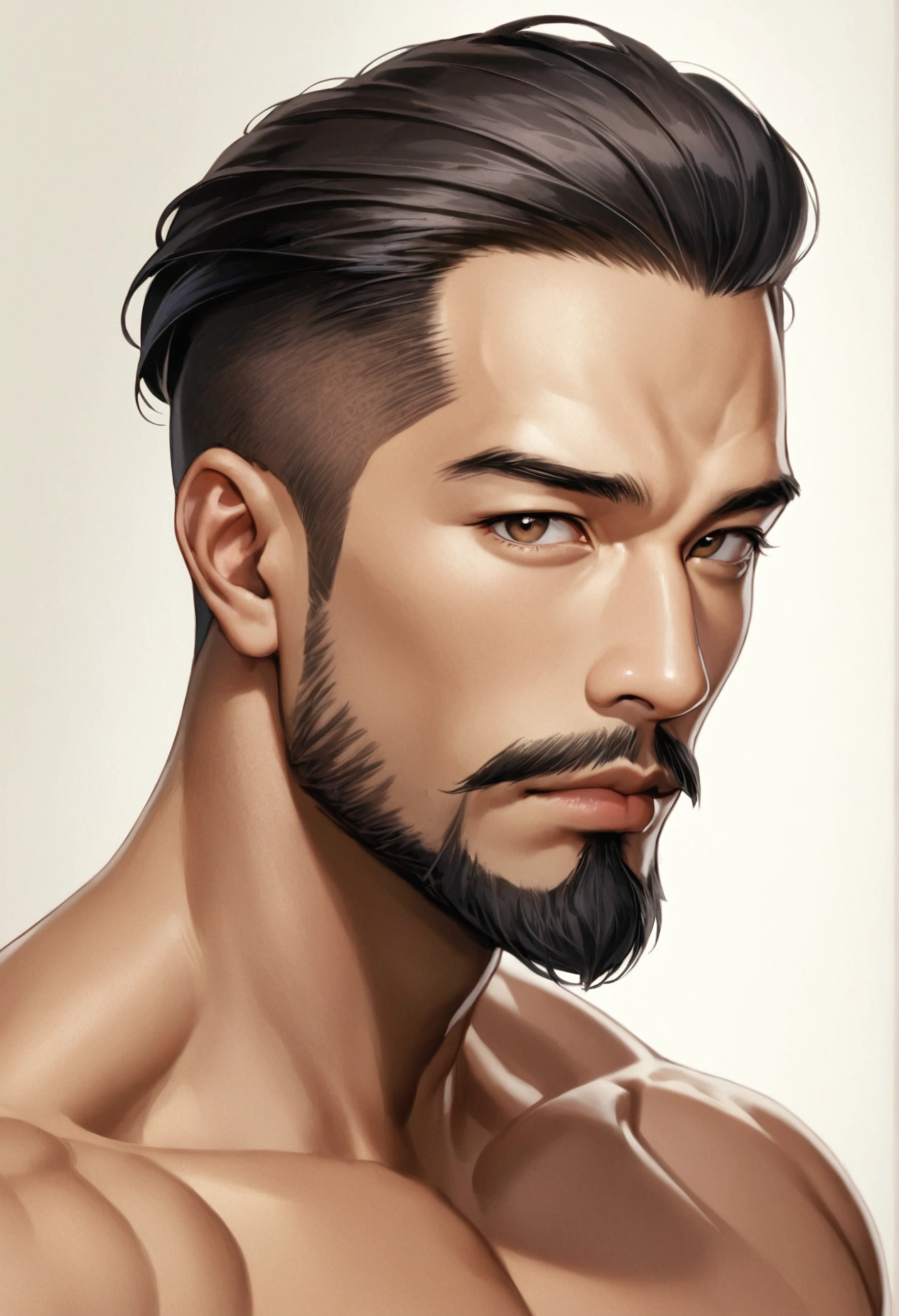 A potrait of an Asian man in his thirties. His handsome rectangular face is defined by deepset eyes, short black hair, classic slick back, prominent nose, neatly groomed beard and thick lips. His brown skin with golden undertone strengths his fit physique accentuating an attractive masculinity. Simple background, natural lighting, natural colors, medium wide shot, serious 