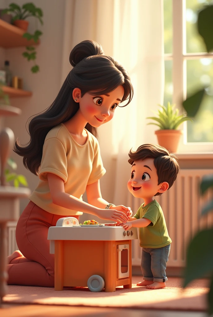 an animated mother in a white shirt and dark blue apron with dark brown colored wavy hair gave a plate of food to her baby sitting in a brown high chair and wearing a pink drool bib