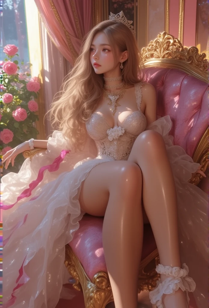 Naked, (( Plateau Peace  )),  Marie Antoinette  ,  Super detailed face ,fine grain,   open your mouth slightly,( blonde alone ),  long hair,  wave hair, (((sheer silk dress:1.3))),Rococo Ruffle Dress, ((( Sexy Dress :1.3))),  dress for lying on a wooden boat has a long skirt ,  Baroque Dress  ,   intricate fantasy dress  , Beautiful ruffle dress ,   romantic dress,   Frill Costume  ,lottery, Data Style,  formal wear , Fancy Fashion, palate colors include   pink and white,(  pink:1.5),Class A Smile,Gold Tiara,   Necklaces  , sit in a luxurious chair,Hands on knees,(  rainbow light  :1.4),,  the side face of a person looking out of the window  ,  a rosebush is reflected in the window   ,(Inside Victoria Palace)、Her eyes are shining、 now her blonde alone's hair extends to her waist 、Rose-colored gradation and three, 薄い  pinkのロック. 彼女は花柄の装飾が施されたGold Tiaraを着用し、  Matching earrings    , white flower choker. 彼女は金色のボタンで縁取られたフリル付きの白いストライプの  pinkのトップを着ている, The white sleeves are in the shape of a bud  ..   with a magenta ribbon flowing out of her chest  ..、 At the back of her neck  、Matching chest piece, Decorated with flowers.  her frilly skirt is separated by a white line ,  Fastened with a large magenta ribbon 、Decorated with gold,   There is a small ribbon on the back  . Her mini skirt、薄い  pinkのマゼンタの貝殻状の裏地と白い花のペチコートでできている. 彼女は  pinkの花がついた白い手袋も着用している, 白と薄い  pinkの靴には、ゆるいカフとDecorated with flowersたマゼンタのリボンがある