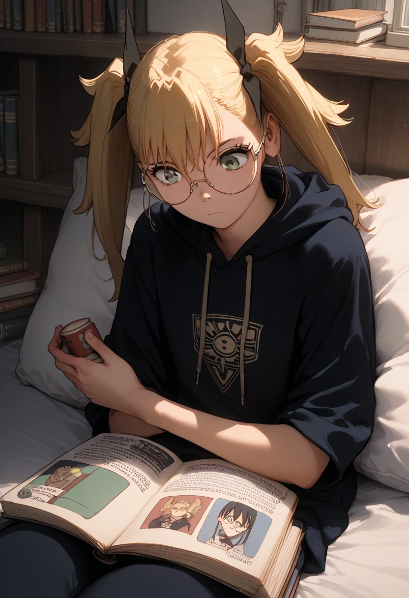 (masterpiece) (ultra_detailed) (best quality) shinomiya kikoru, 1girl, slim, fit, anime look, anime style, wearing hoodie, on bed, reading book, in a room, with bookselfs, wearing round glasses, poke 