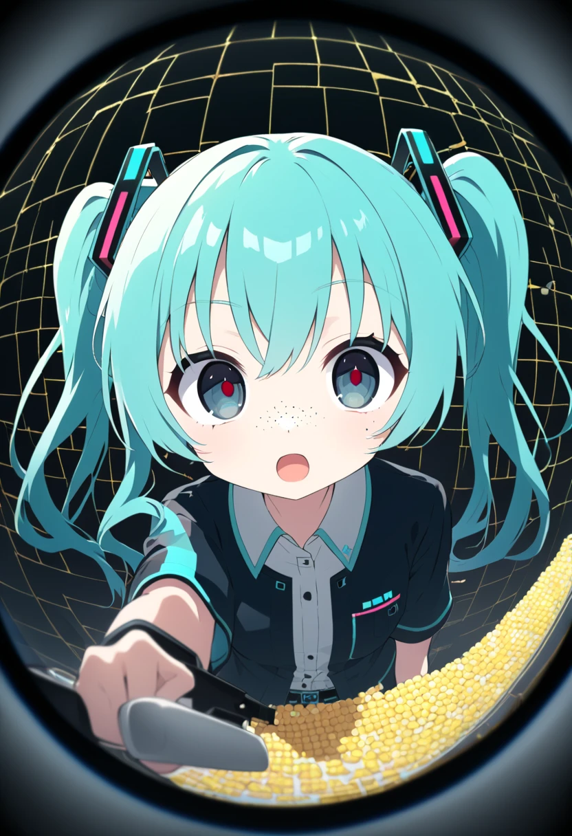  ,woman, Sideways glance ,『  monitoring   』   Hatsune Miku    ，  Anime Style，woman,from side,， Corn ,Peek， 飛んでいる目玉のcuteイラスト（2），   open your mouth , 右目  fisheye lens,Deco* 27 sides  ,  right eye peeping face  ， opening mouse ，cute， open her mouth ，   smirking  ，Eyepatch on left eye， Light freckles  ，dark，dark cyan ，  looking through doorscope  ，hair，   white medical eyepatch for left eye   ，  dark black eyes  ，  eye color dark blue  ，   big eyes，   fisheye lens ,    low contrast  ，low saturation， In a circle ，   in the upper right and lower right   "Wow!"   character ，   round cloud-like font   ，angle（1.9）， she looks in ，，  3 large yellow glitter  ，   black background，  }  round fuchsia and orange geometric pattern， hair gradation  ，  dark blue green  ，