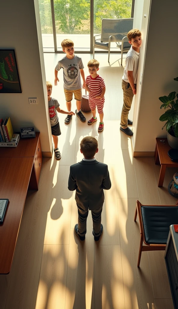 Overhead shot，, several boys came into the office ，, is a boy in a suit，Facing the closet 