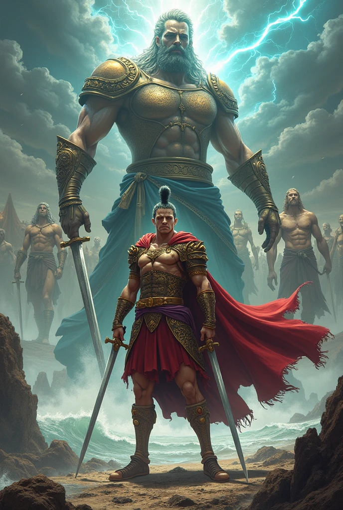 A handsome Greek god, a young man with a sword and a woman