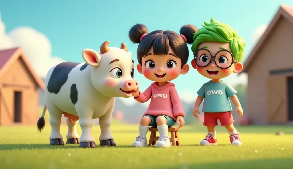 "A 3D Pixar animation scene featuring two adorable siblings milking a cow in a vibrant farm setting. Uwu, a girl with her hair in two buns on top and bangs, clear hair fiber, wearing a pink sweater with 'uwu' written on it, blue shorts, short socks, and white sneakers, has flushed cheeks and a curious expression. She is sitting on a small stool, carefully milking a cow into a bucket with an excited look. Owo, her brother, taller than Uwu, with bright green hair, big round glasses, wearing a light blue t-shirt with 'owo' written on it, red shorts, red sneakers, and knee-high socks, is kneeling nearby, holding another bucket while encouraging Uwu. The cow looks calm and content. The background shows a farm with a wooden barn, grassy field, and a bright blue sky. The color palette is soft pastel, creating a cheerful and cozy atmosphere."