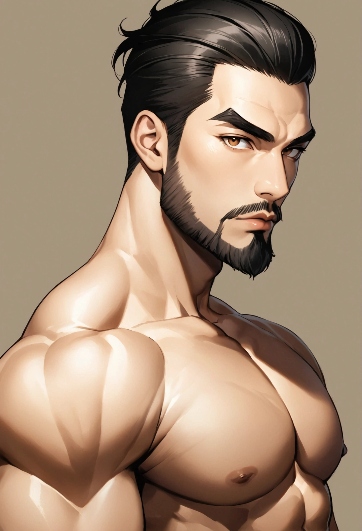 A potrait of an Asian man in his thirties. His handsome rectangular face is well defined by thick eyebrows, deepset eyes, double lid, short black hair, classic slick back, prominent nose, neatly groomed beard and thick lips. His brown skin with golden undertone strengths his fit physique accentuating an attractive masculinity. Simple background, natural lighting, natural colors, medium wide shot, serious, looking at viewer