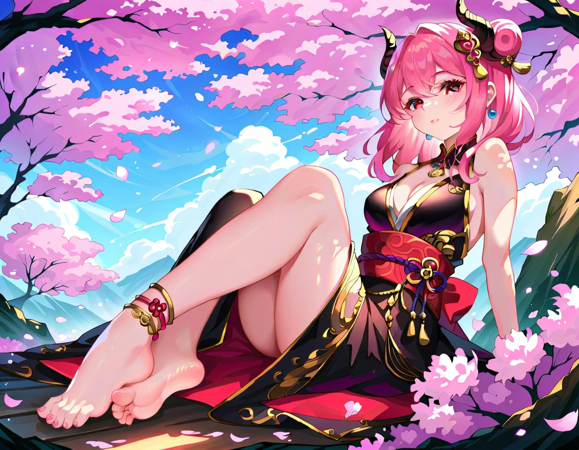 Need，Masterpiece 8k，teens girl，A pink-haired，Pink Chinese armor，Huge sword，Leaking legs，At the summit，sunraise，The sky is golden