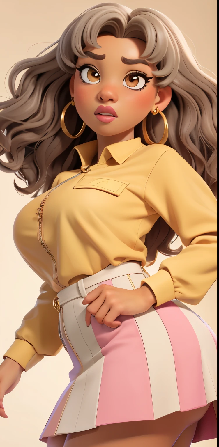curly brown and gray hair , dark eyebrows, brown eyes, large pink lips , yellow and white striped shirt with zip, golden earrings, slight frown , brown skin , Exciting expression , raised skirt,raised ass, plump and dense breast , slightly marked abdomen