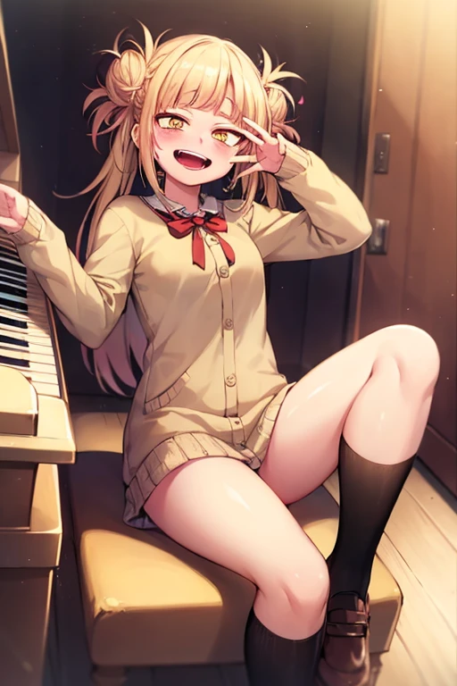 (( top quality)), ((masterpiece)), (be familiar with),  perfect face, indoor, bedroom, looking at the viewer,
One woman, I was,
 open mouth,  ecstatic expression beside the piano, blush, smile,
 small ,  flat chested, Young girl, Lori,  kids,  girl,
 long hair,  twin bun hair ,
Leg spread,