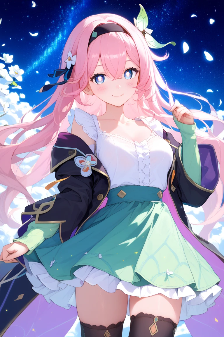 masterpiece,score_9,score_8,anime_source, FireflyBren, 1girl, very long hair, ((hairband:1.2)), ((white flower hair ornament:1.2)), magical starry sky background glowing blue eyes, white pupils smile, pink hair, hair between eyes, black hairband, thighhighs, blush, thighs, dress, black thighhighs, green skirt, ((black jacket)), skirt, white shirt, medium breasts, thigh gap, collarbone, covered shoulders, golden bow, hair ribbon, loose sleeves, tall female, details on skirt, anime, aesthetic, style, absurdres, masterpiece, best quality, very aesthetic, elegant pose, amazing quality, detailed face, perfect detail, perfect anatomy, perfect face, elegant pose, (negative_v2 Color_Balance_Calibration:0.8), (SuperQuality:1.0) ~ (SuperQuality:1.2