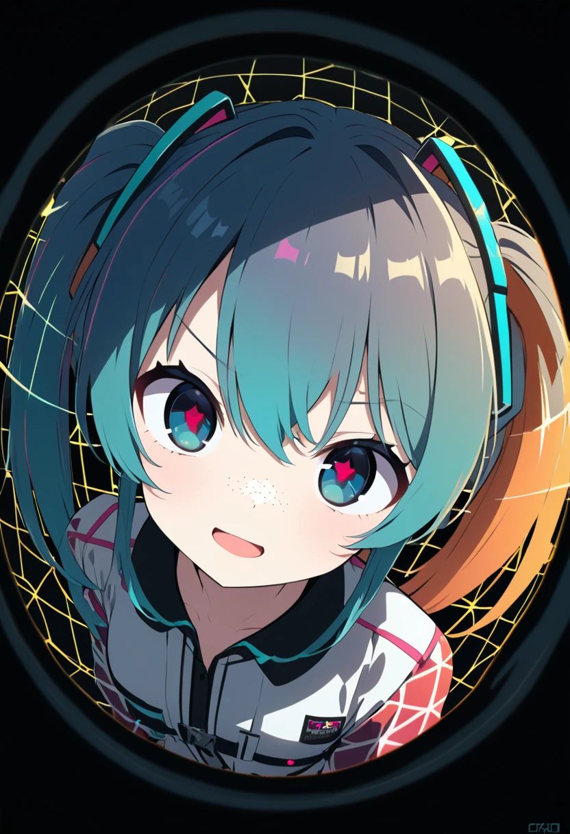  ,woman, Sideways glance ,『  monitoring   』   Hatsune Miku    ，  Anime Style，woman,from side,,Peek， 飛んでいる目玉のcuteイラスト（2），   open your mouth , 右目  fisheye lens,Deco* 27 sides  ,  right eye peeping face  ， opening mouse ，cute， open her mouth ，   smirking  ，Eyepatch on left eye， Light freckles  ，dark，dark cyan ，  looking through doorscope  ，hair，   white medical eyepatch for left eye   ，  dark black eyes  ，  eye color dark blue  ，   big eyes，   fisheye lens ,    low contrast  ，low saturation， In a circle ，   in the upper right and lower right   "Wow!"   character ，   round cloud-like font   ，angle（1.9）， she looks in ，，  3 large yellow glitter  ，   black background，  } reddish purple and orange geometric pattern， hair gradation  ，  dark blue green  ，