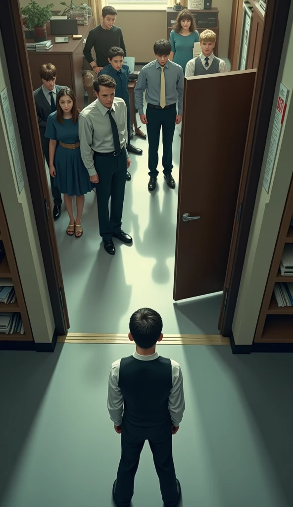 Overhead shot，A few high school guys come into the office，, is a boy in a suit，Facing the closet 