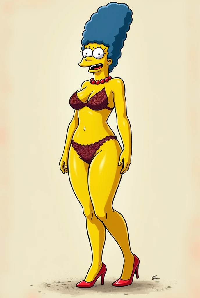 Marge simpson Whole body, Whole body, Whole body, fitted jacket, sexual expressions closed mouth smile, regular uncovered breasts, defined thighs , perfect body,  delgado, showing lingerie defined 4k small lace thong, in a simpsons context, Whole body. Medium feet, well-marked nipples, marked vagina