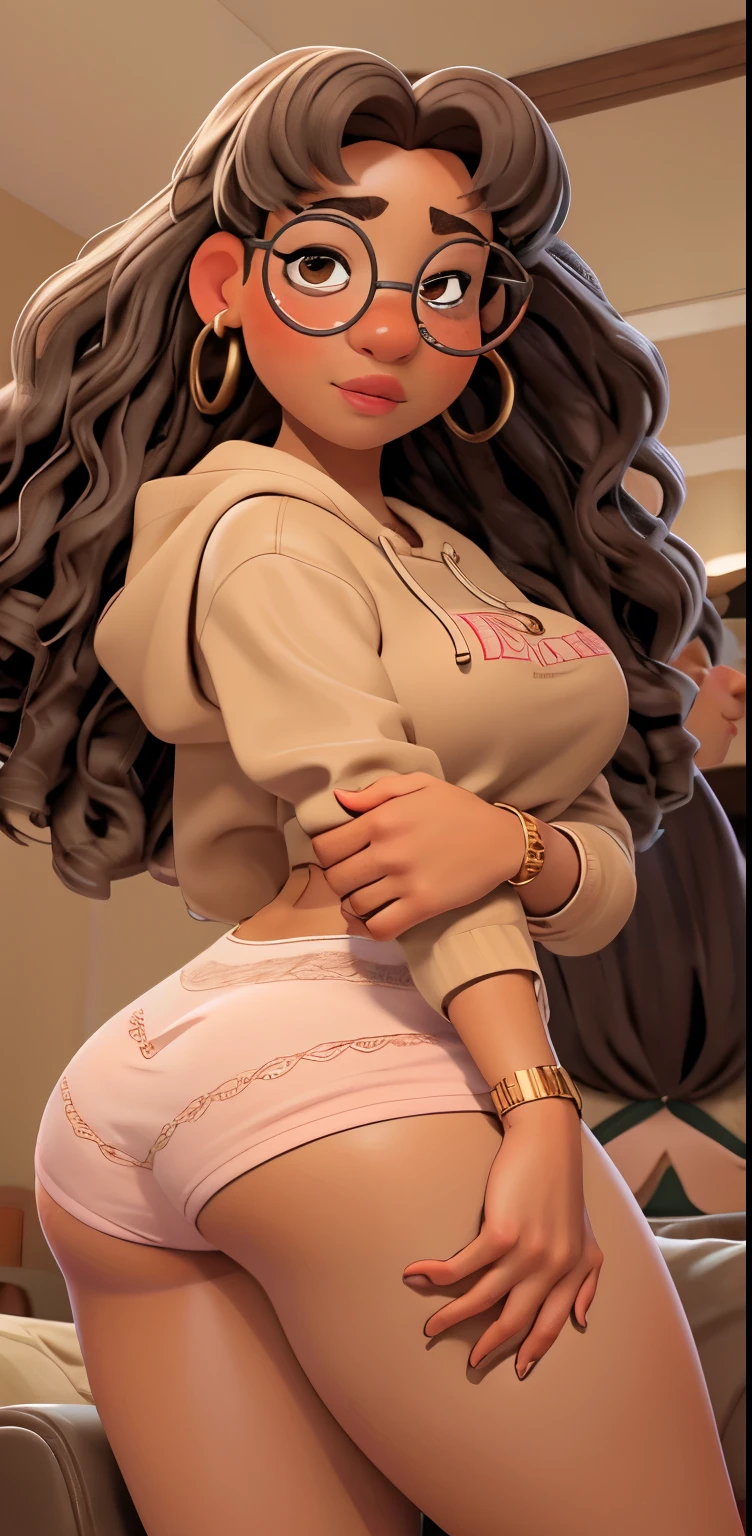 curly brown and gray hair , glasses with round frame , dark eyebrows, brown eyes, pink lips, white cropped hooded top , red panties with lace , golden earrings, slight frown , brown skin , smiley expression , leaning over the sofa , ass up, big breasts, thick thighs , Alone