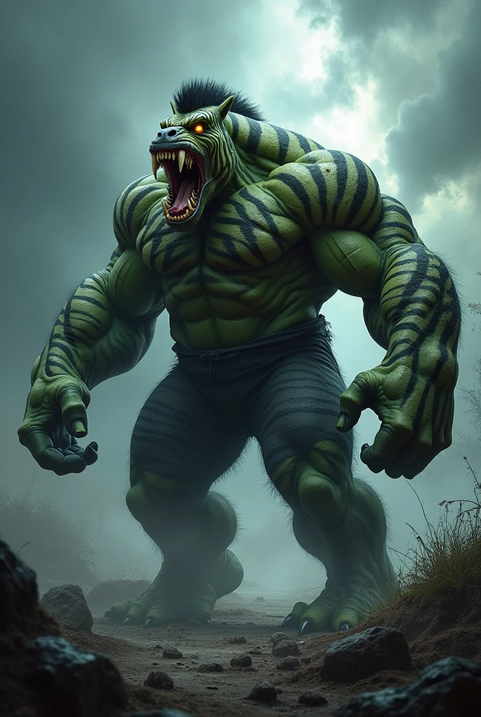 Full body image of a slightly bluish naked Ogre with long, strong arms propped up on the ground, pernas de elefante e enormes presas. He's screaming in a canyon at night. Realistic image