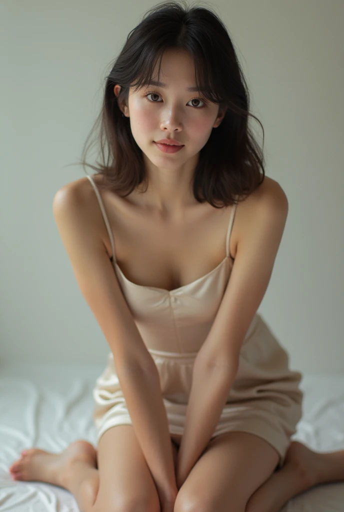 ((tiny chest:1.6, No pubic hair:1.3)), ((NSFW:1.7, Realistic)), The ultra -The high-definition, retinas, ​masterpiece, tre anatomically correct, high detailing, top-quality, hight resolution, Portrait Realism, 8K, Angle from the bottom of the front, (one girls), glossy dark hair, Single braid, Realistic human skin, without makeup, Open eyes, body type, Baby face, huge smile, Photograph the whole body, (((12-year-old female model))), (Upper body naked, I'm not wearing anything, Nothing attached), (Transparent Body Stockings),