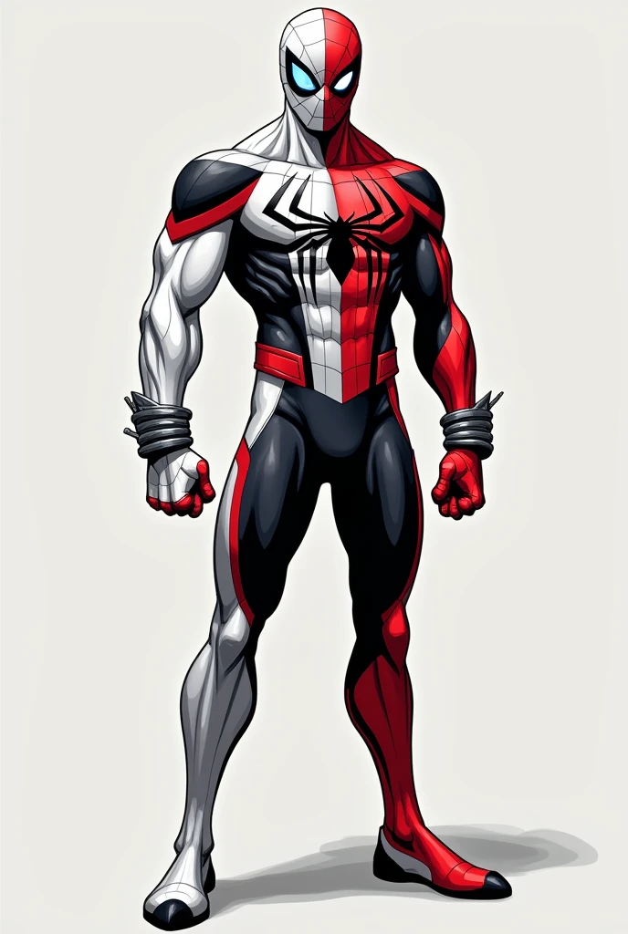 Spider-man massive muscular bodybuilder with extraordinary biceps pectorals triceps traps, plump, Gigachad full costume ((He wears the mask)) White costume with red cobwebs ((Suit White and Red)) bulge in the crotch