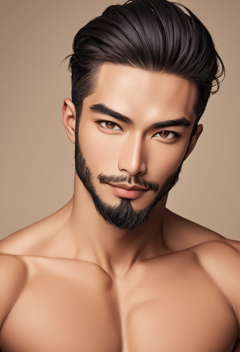 A potrait of an Asian man in his thirties. His handsome rectangular face is well defined by prominent eyebrows, deepset eyes, double lid, short black hair, classic slick back, prominent nose, neatly groomed beard and thick lips. His brown skin with golden undertone strengths his fit physique accentuating an attractive masculinity. Simple background, natural lighting, natural colors, medium wide shot, grin, looking at viewer