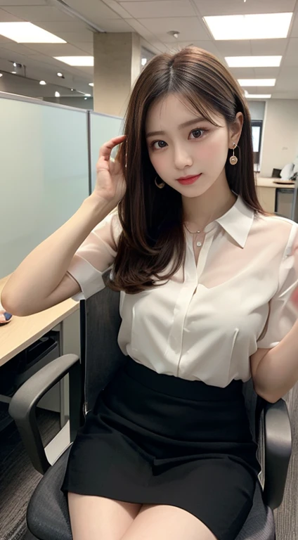 Receptionist at a client company, company receptionist, ((full body)), ((photo)), ((best qualtiy, 8K, tmasterpiece:1.3)), Focus:1.2, perfect figure beautiful girl:1.4, 1girl, cowboy shot, look at viewer, eyes facing the camera, incredibly absurd, beautiful and cute girl with a photorealistic face, showcasing top-quality craftsmanship, A Japanese girl sitting smiling as a receptionist at the reception desk, 19 years old, has long, shiny black hair, straight, with the ends curled slightly inwards, with see-through bangs cut above the eyes, fair and smooth skin, large, round almond-shaped eyes, jet black eyes, long eyelashes, double eyelids, high nose, plump lips, a smile with upturned corners of the mouth, sunken cheeks, a fragile impression, glamorous, well-balanced proportions, tall, 165cm tall, beautiful D-cup breasts, white blouse, beige tight skirt, heeled pumps, pearl necklace and earrings, silver watch, pretty older woman, beautiful, neat, has a cute voice, intelligent, elegant, calm, kind, her hobbies are reading and listening to classical music, February